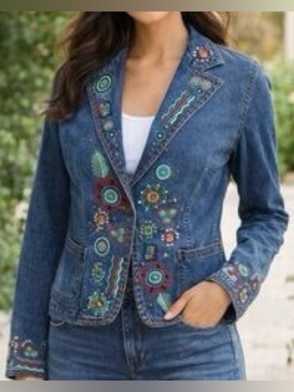 Ruby Rd. Aztec Embellished Embroidered Floral Denim Ramie Blazer Jacket Size 8